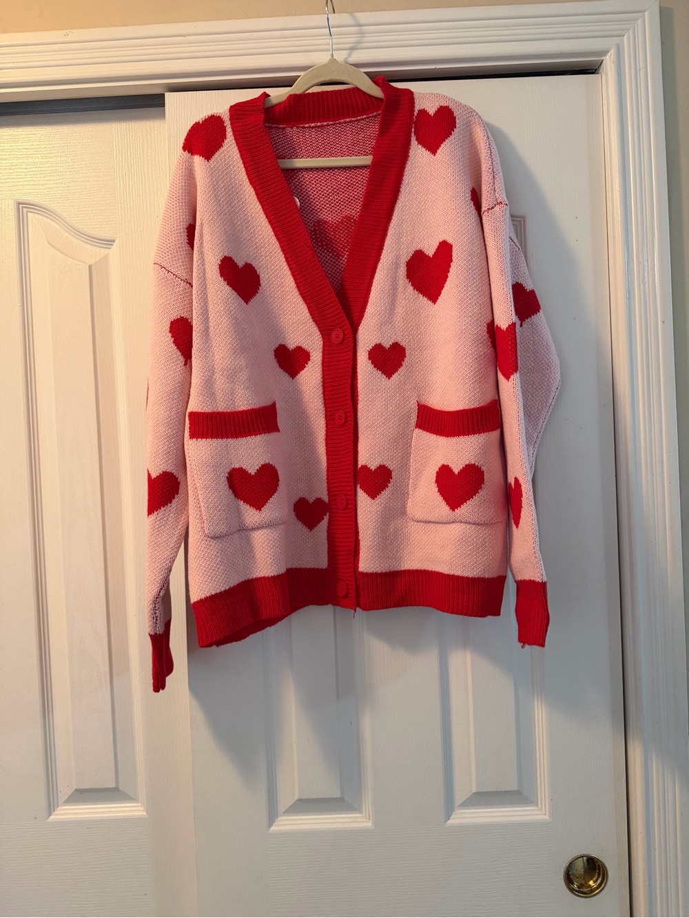 Pink and Red Heart-Print Button Cardigan Sweater